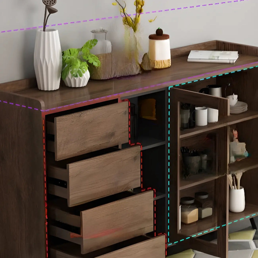 Credenza in legno tortora a 4 cassetti con ante in vetro