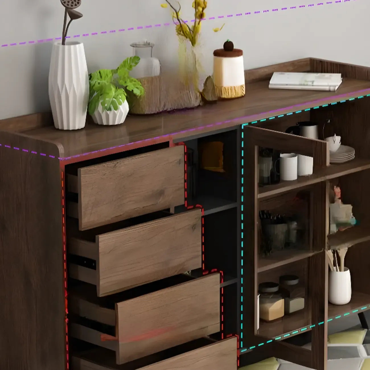 Credenza in legno tortora a 4 cassetti con ante in vetro