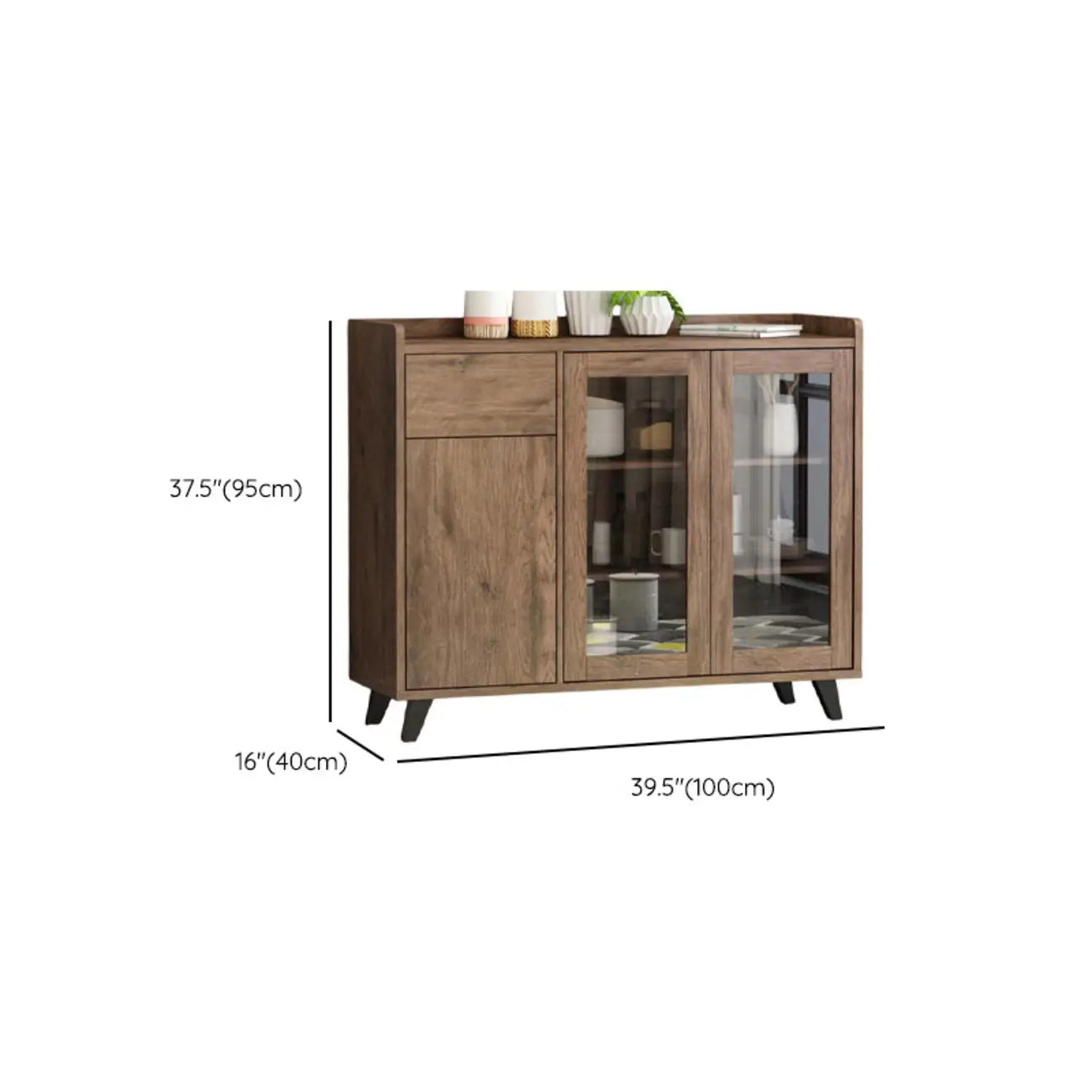 Credenza in legno tortora a 4 cassetti con ante in vetro