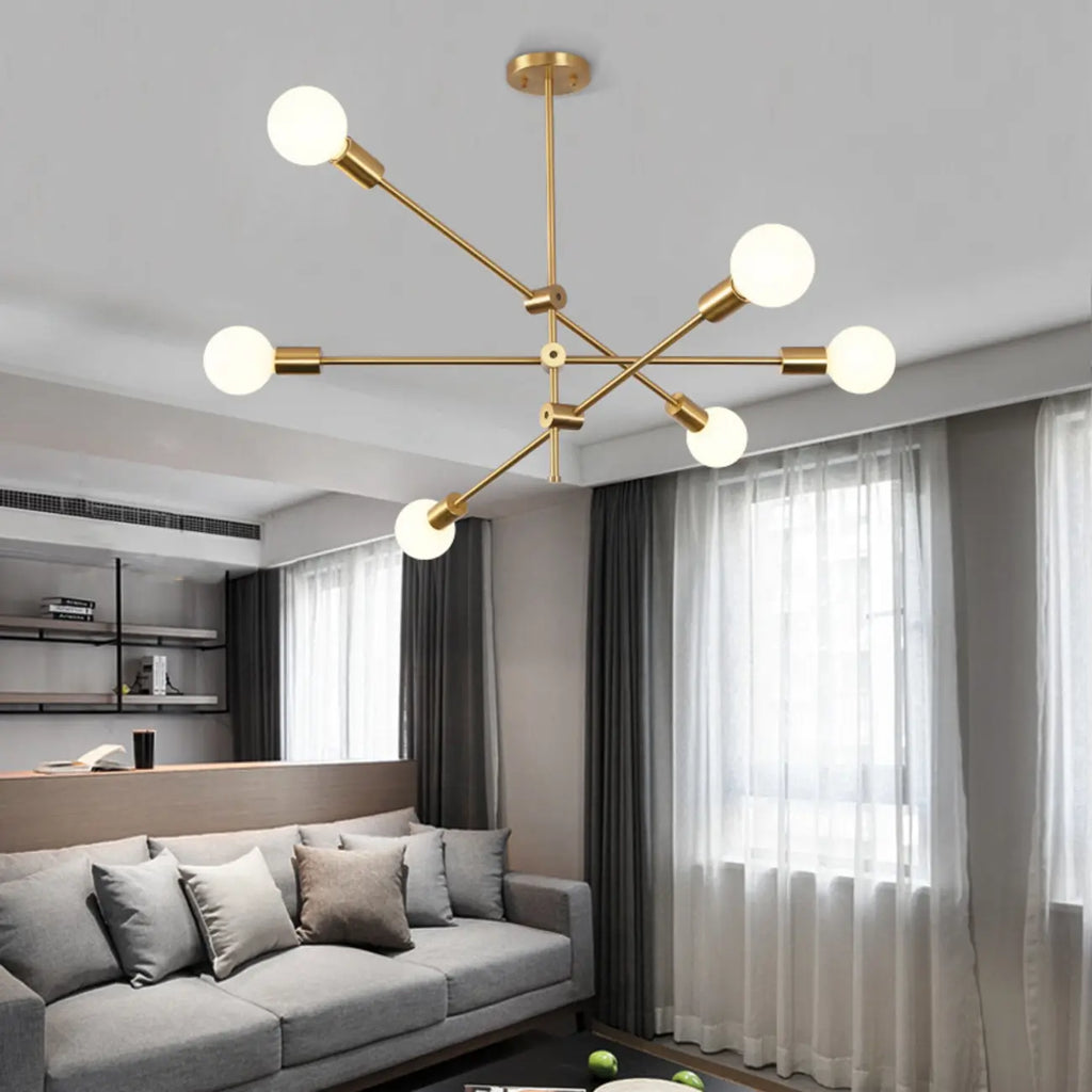 Lustre Sputnik moderne en métal doré à 6 lumières