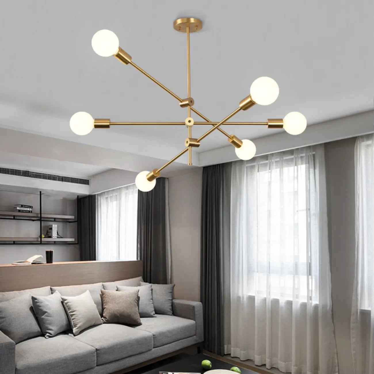 Lustre Sputnik moderne en métal doré à 6 lumières