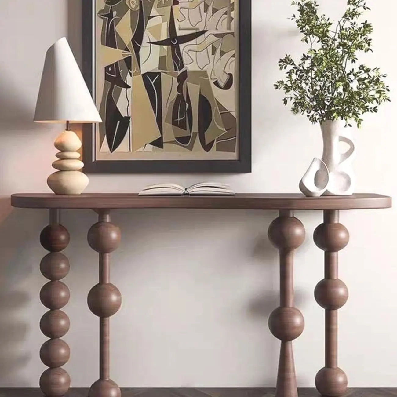 Console d'entrée artistique en noyer avec pieds tournés