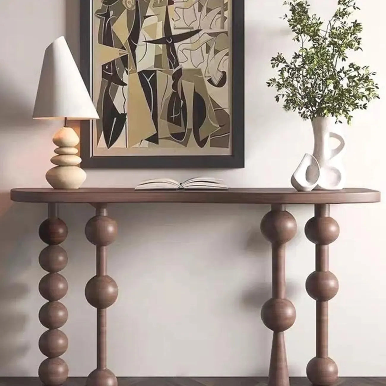 Console d'entrée artistique en noyer avec pieds tournés