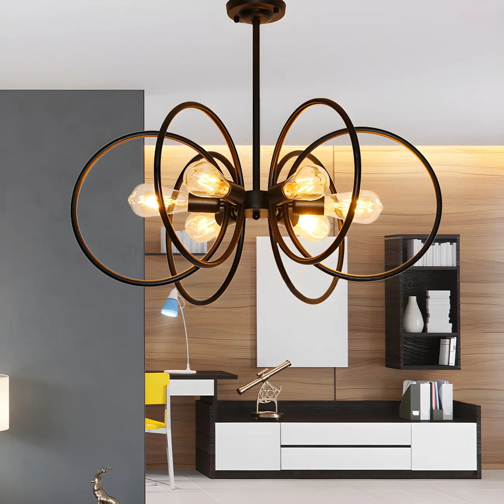 Lustre industriel à anneaux en métal noir à 6 lumières