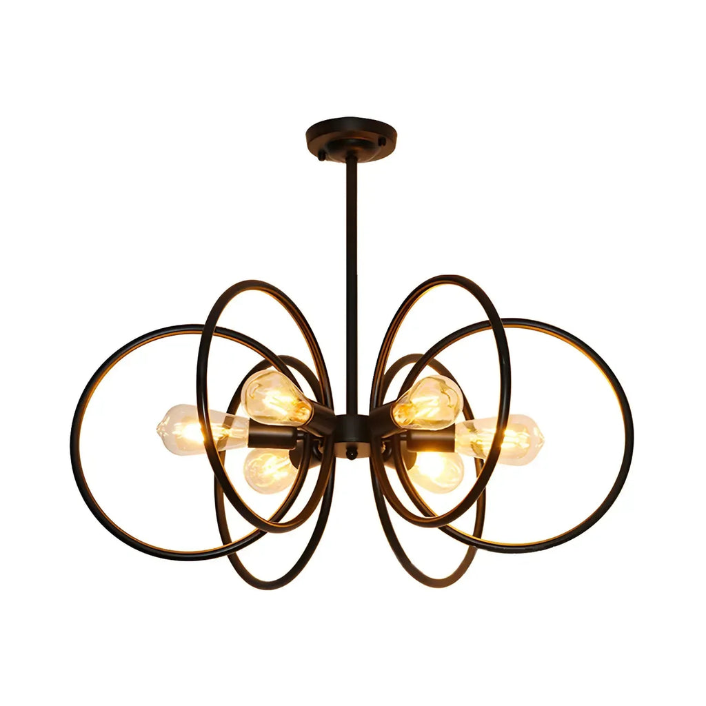 Lustre industriel à anneaux en métal noir à 6 lumières