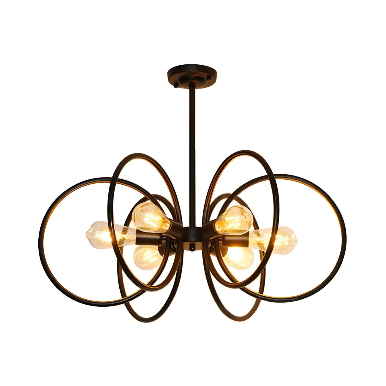 Lustre industriel à anneaux en métal noir à 6 lumières