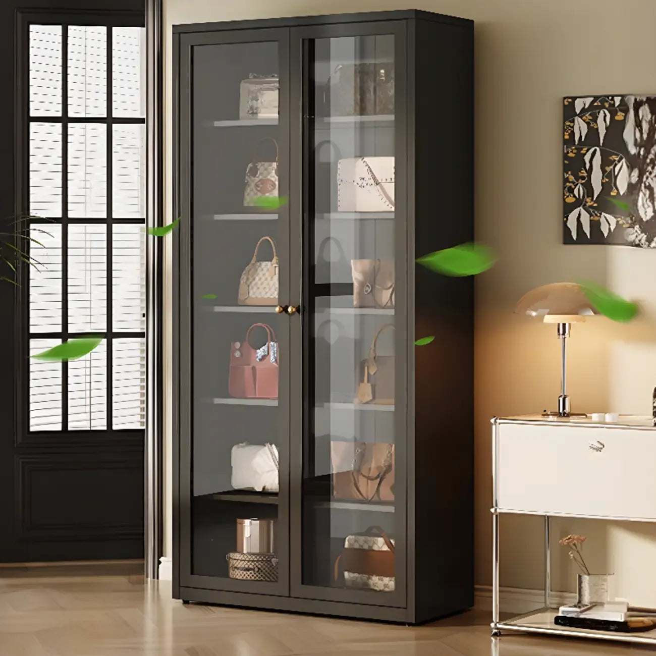 Vitrine minimaliste en bois et porte vitrée réglable