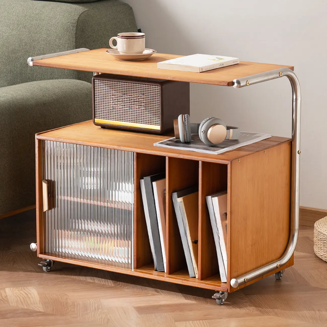Table d'appoint mobile flexible en bois et métal avec rangement