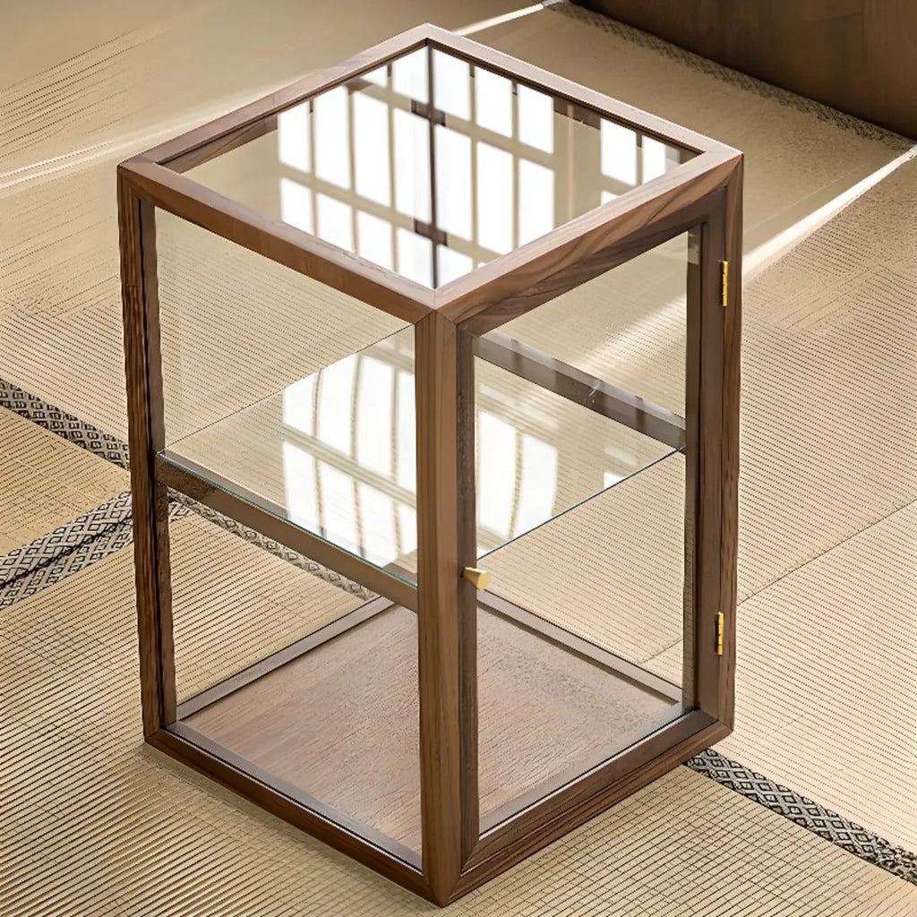 Vitrine moderne en bois brun avec étagères en verre