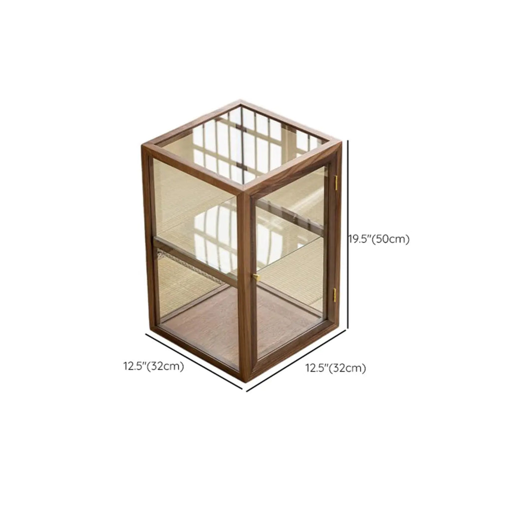 Vitrine moderne en bois brun avec étagères en verre