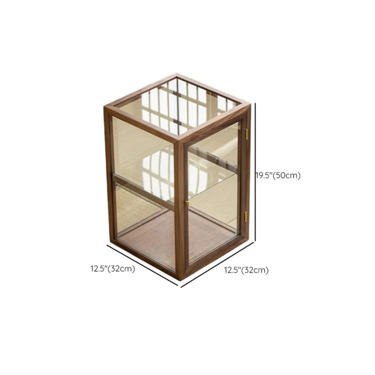 Vitrine moderne en bois brun avec étagères en verre