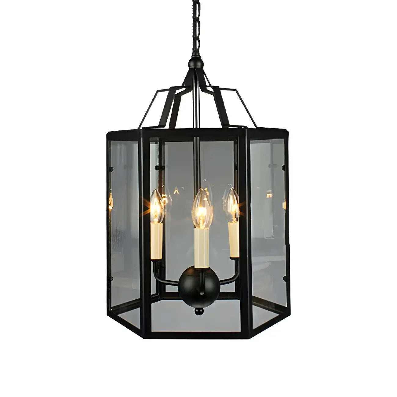Lustre suspendu vintage en verre transparent à 3 lumières, noir et blanc, avec suspension pour bougies.