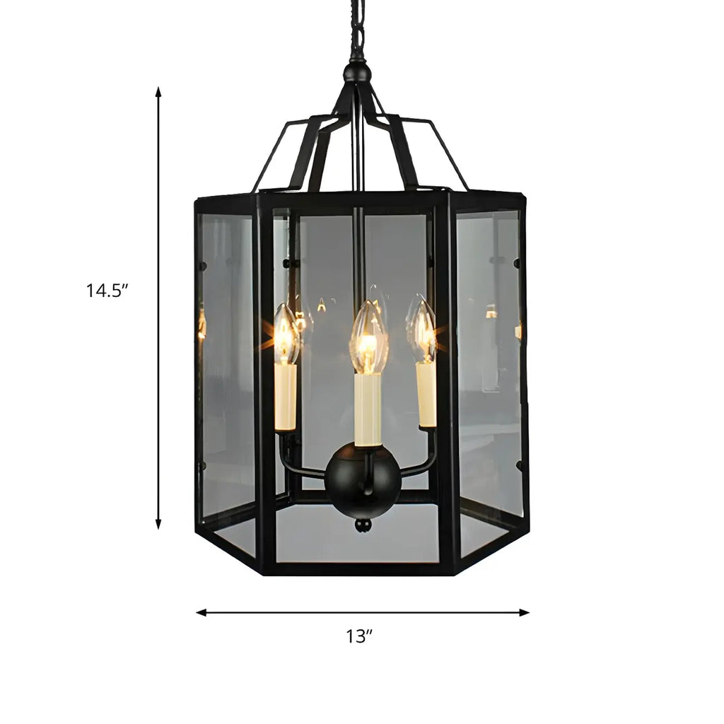 Lustre suspendu vintage en verre transparent à 3 lumières, noir et blanc, avec suspension pour bougies.