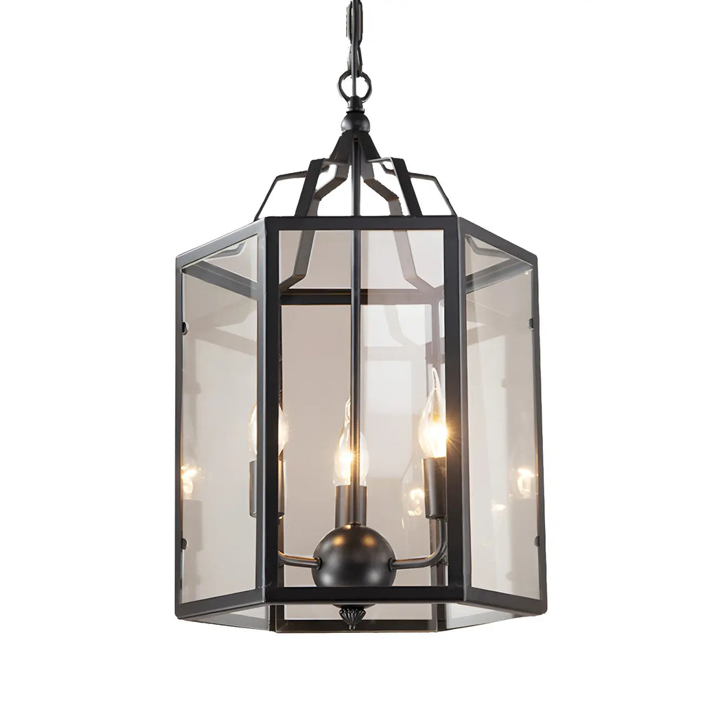 Lustre suspendu vintage en verre transparent à 3 lumières, noir et blanc, avec suspension pour bougies.