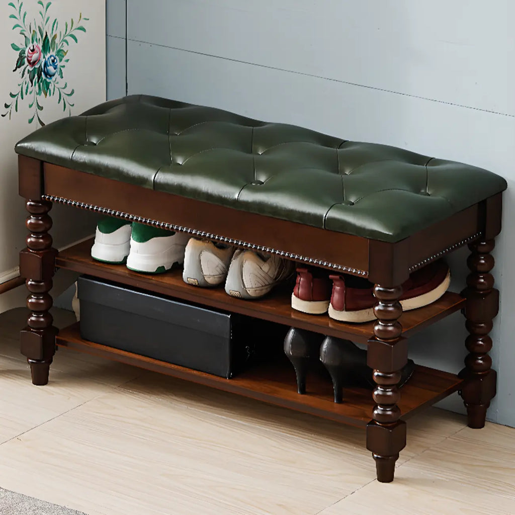 Banc en bois et cuir véritable antique à rabat avec 2 étagères