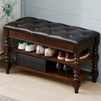 Banc en bois et cuir véritable antique à rabat avec 2 étagères