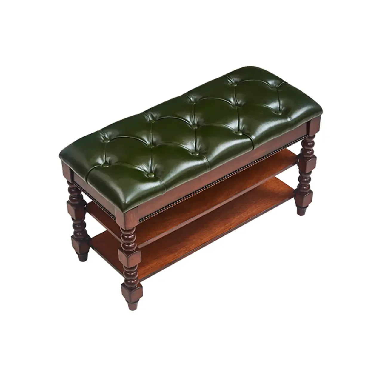 Banc en bois et cuir véritable antique à rabat avec 2 étagères