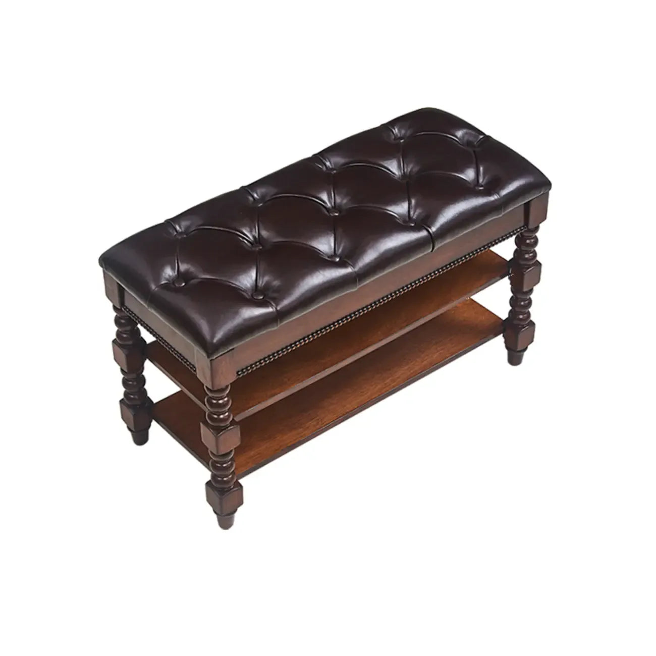 Banc en bois et cuir véritable antique à rabat avec 2 étagères