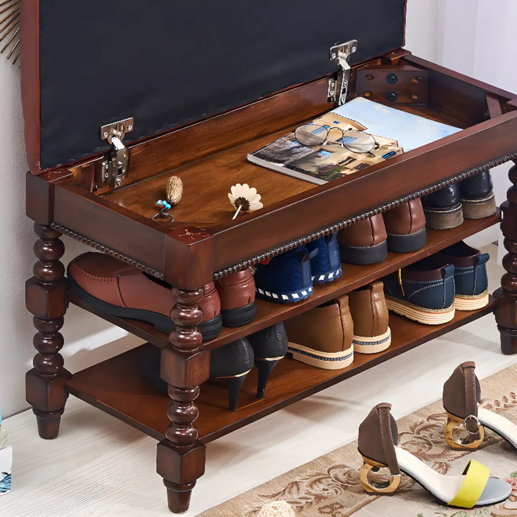 Banc en bois et cuir véritable antique à rabat avec 2 étagères