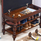Banc en bois et cuir véritable antique à rabat avec 2 étagères