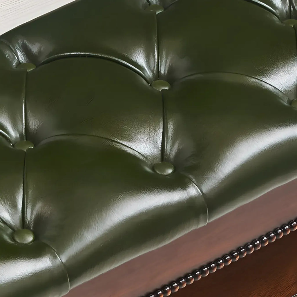 Banc en bois et cuir véritable antique à rabat avec 2 étagères