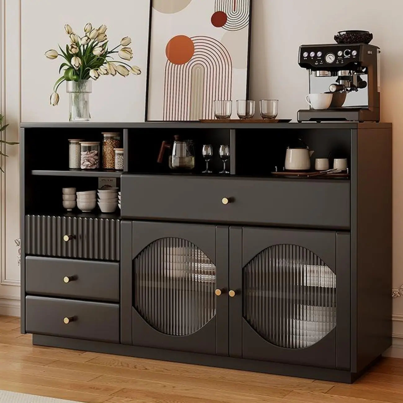 Credenza Art Déco in legno nero con 4 cassetti e ante in vetro