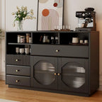 Credenza Art Déco in legno nero con 4 cassetti e ante in vetro