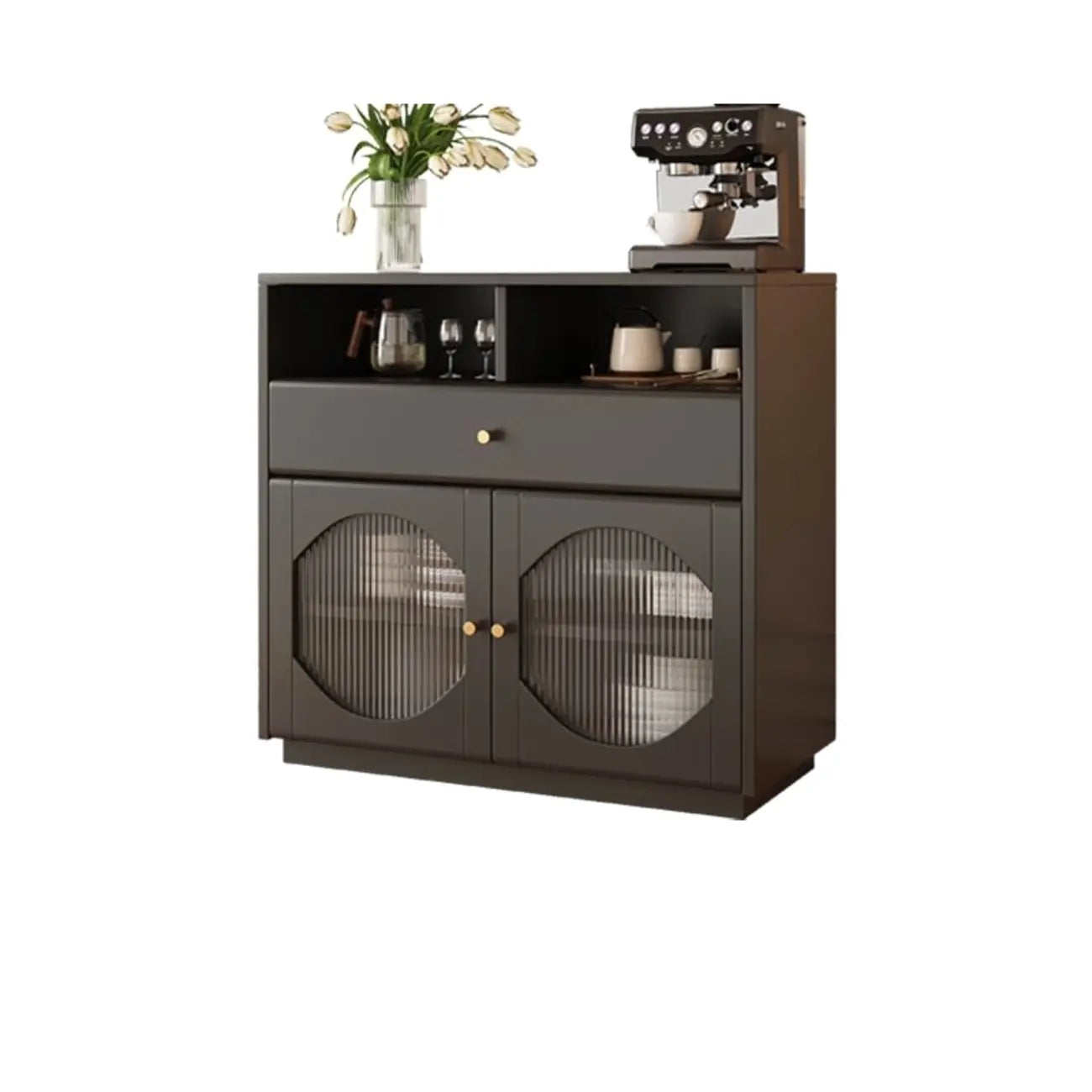 Buffet Art Déco en bois noir à 4 tiroirs et portes vitrées