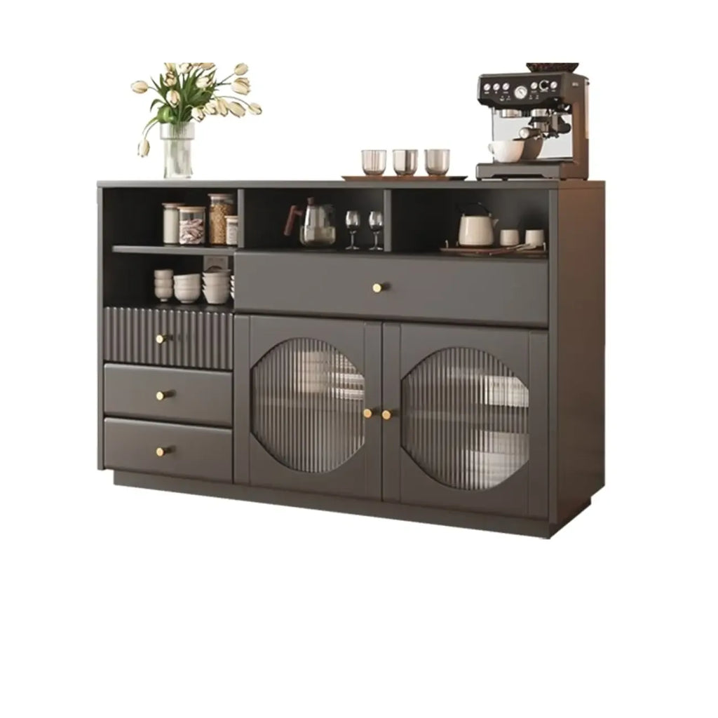 Credenza Art Déco in legno nero con 4 cassetti e ante in vetro