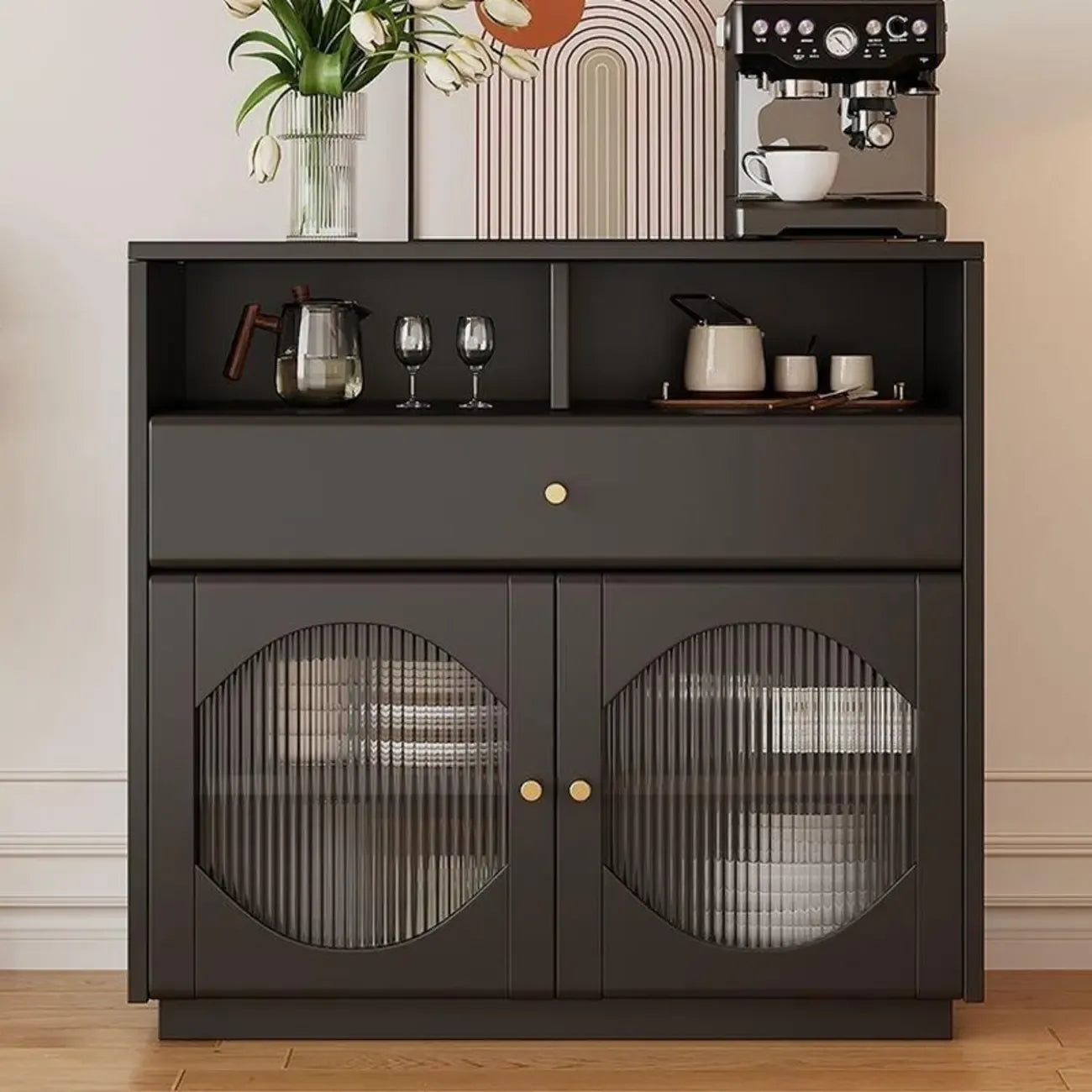 Buffet Art Déco en bois noir à 4 tiroirs et portes vitrées