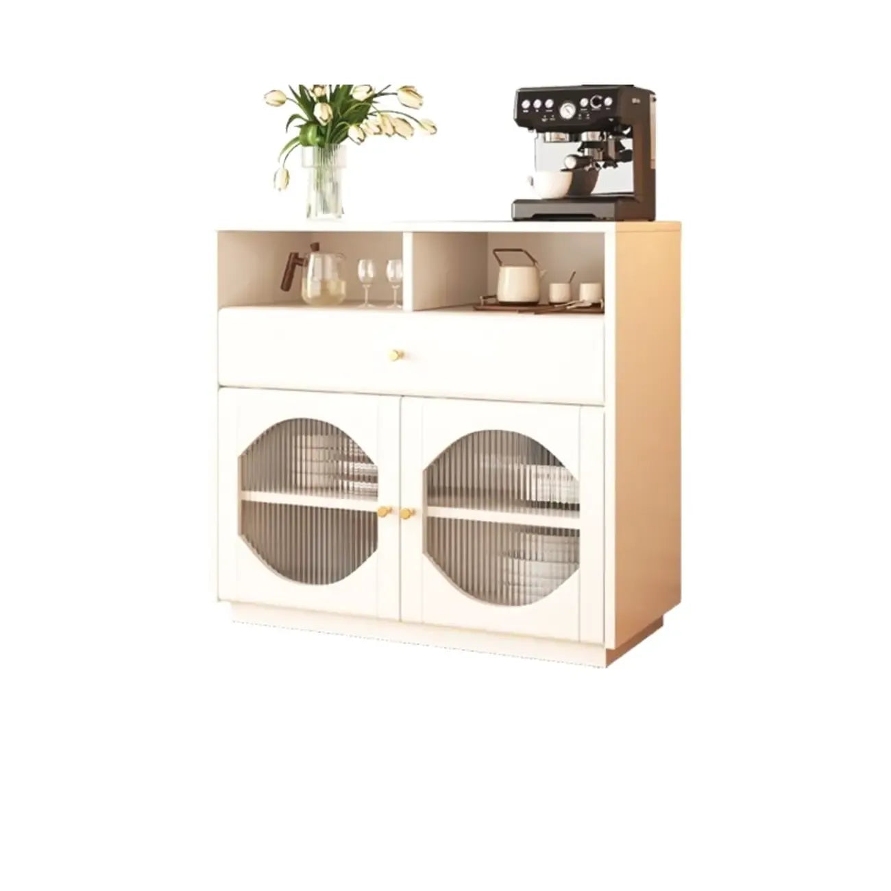 Credenza Art Déco in legno nero con 4 cassetti e ante in vetro