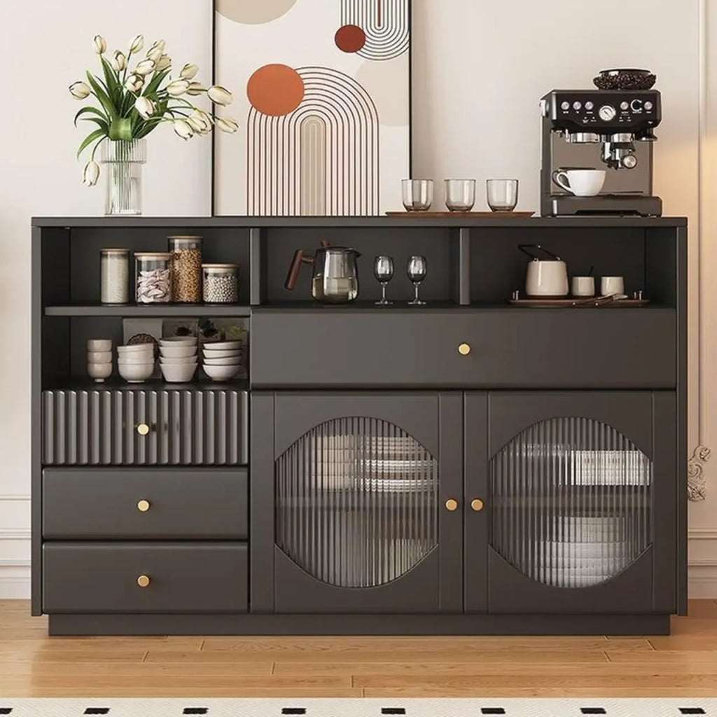 Credenza Art Déco in legno nero con 4 cassetti e ante in vetro