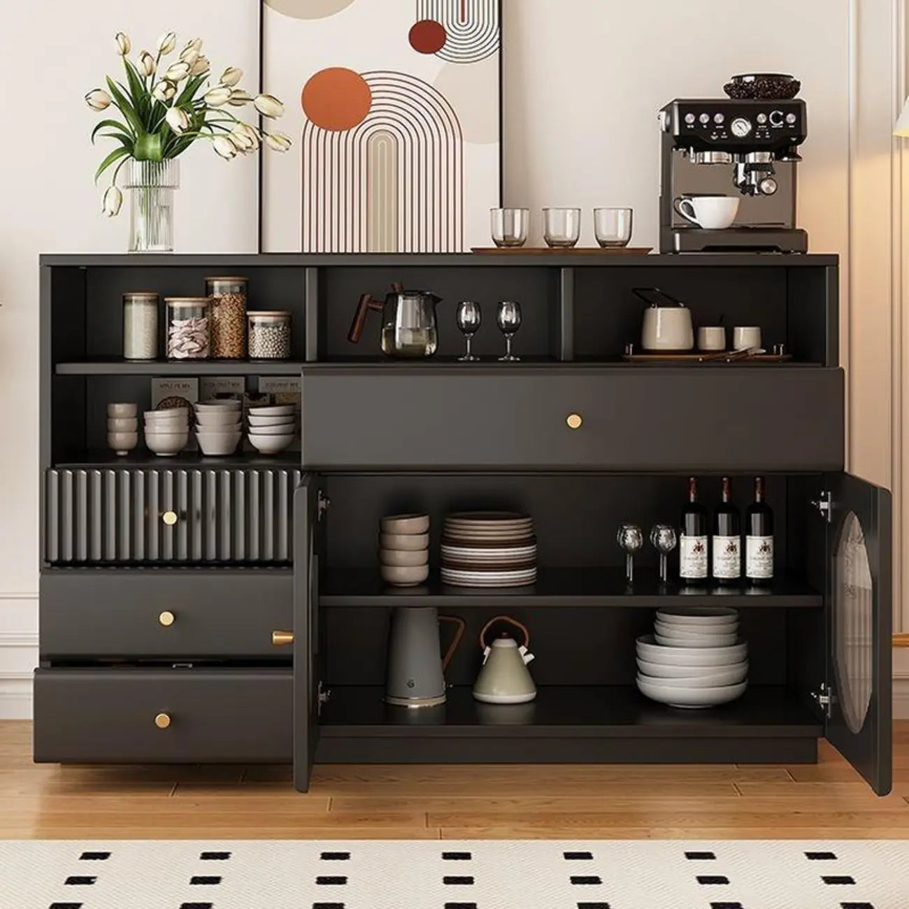 Credenza Art Déco in legno nero con 4 cassetti e ante in vetro