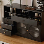 Credenza Art Déco in legno nero con 4 cassetti e ante in vetro