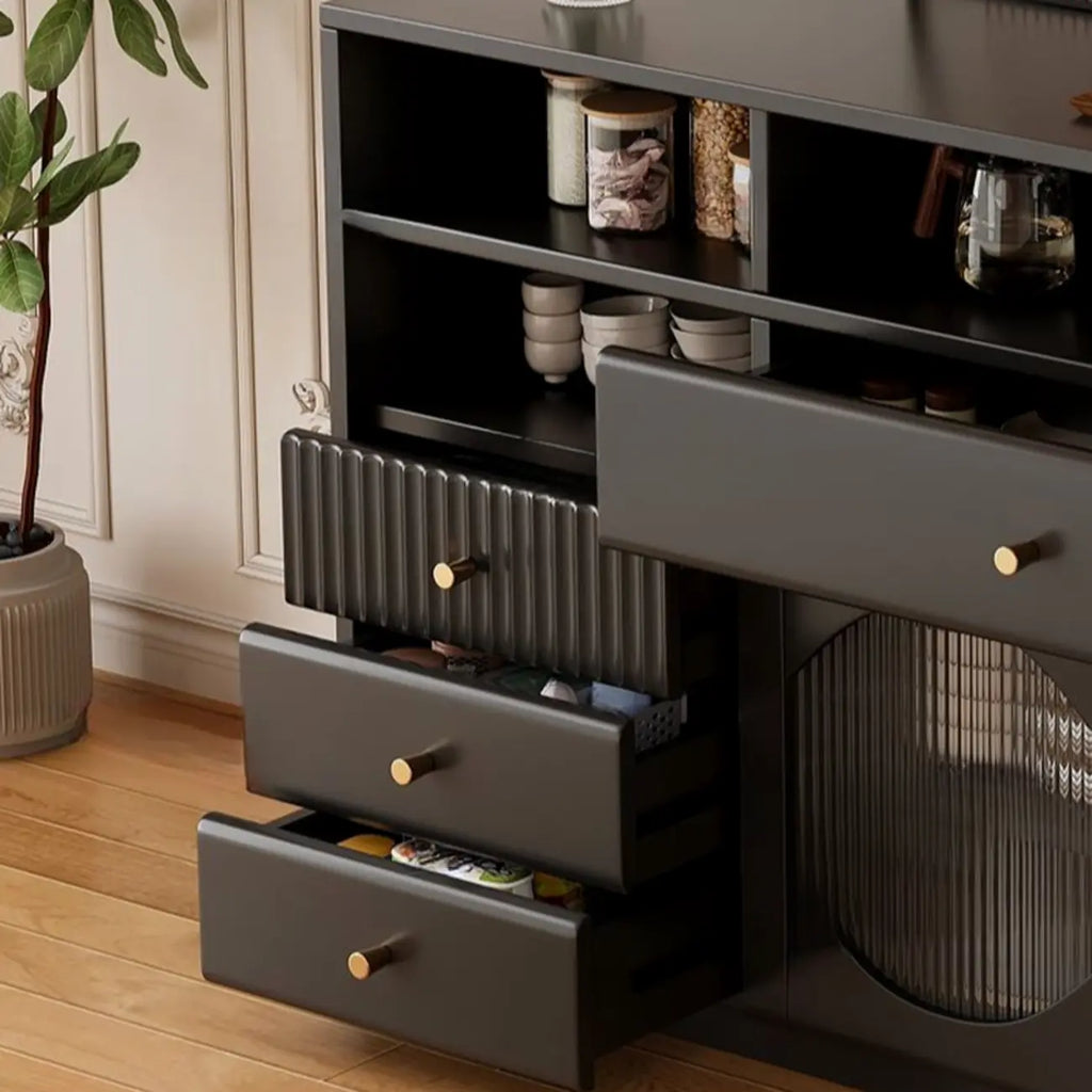 Credenza Art Déco in legno nero con 4 cassetti e ante in vetro