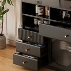 Credenza Art Déco in legno nero con 4 cassetti e ante in vetro