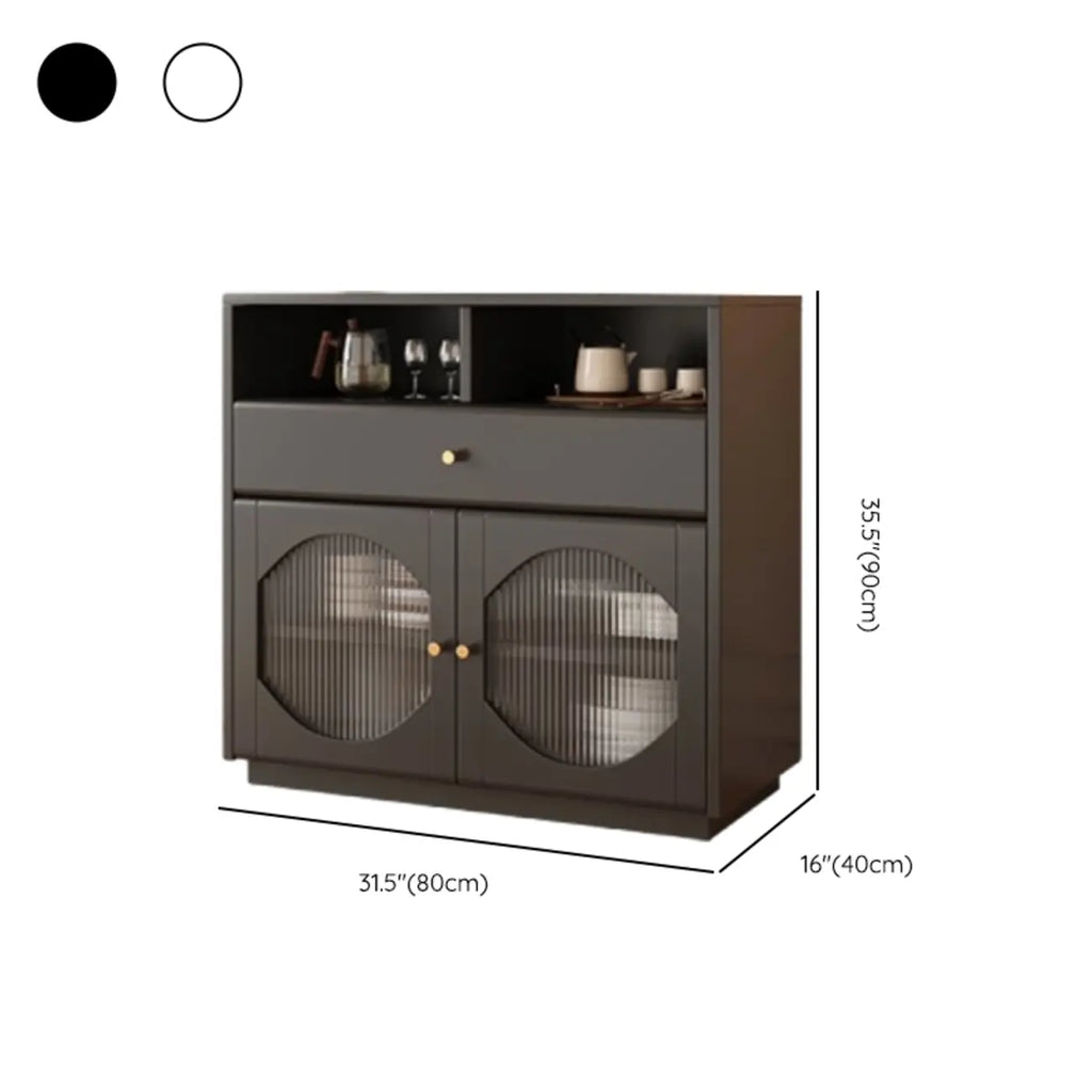 Credenza Art Déco in legno nero con 4 cassetti e ante in vetro