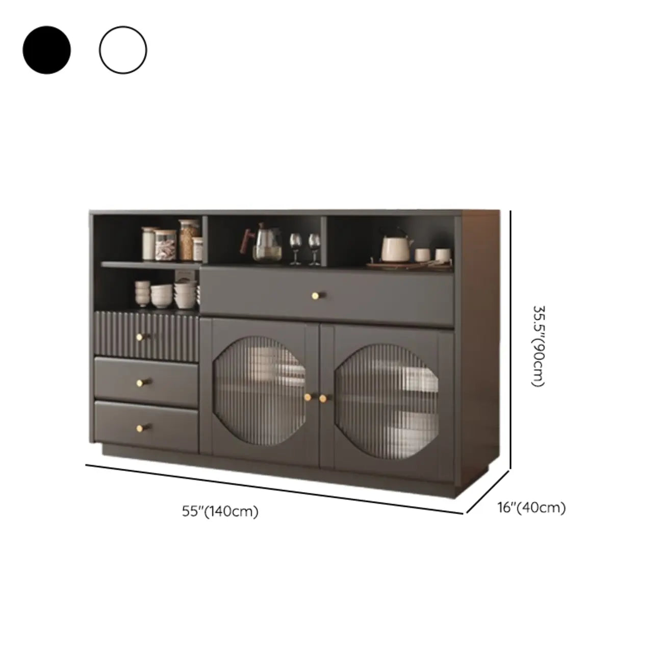Credenza Art Déco in legno nero con 4 cassetti e ante in vetro