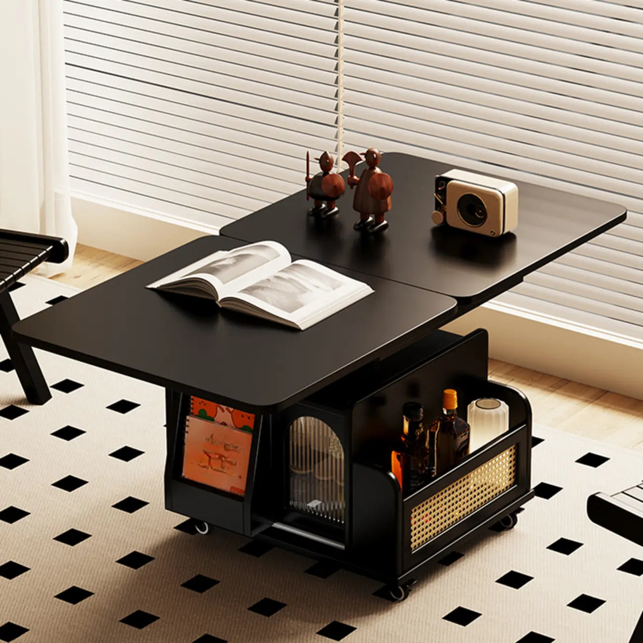 Table basse carrée extensible en bois à plateau relevable sur roulettes