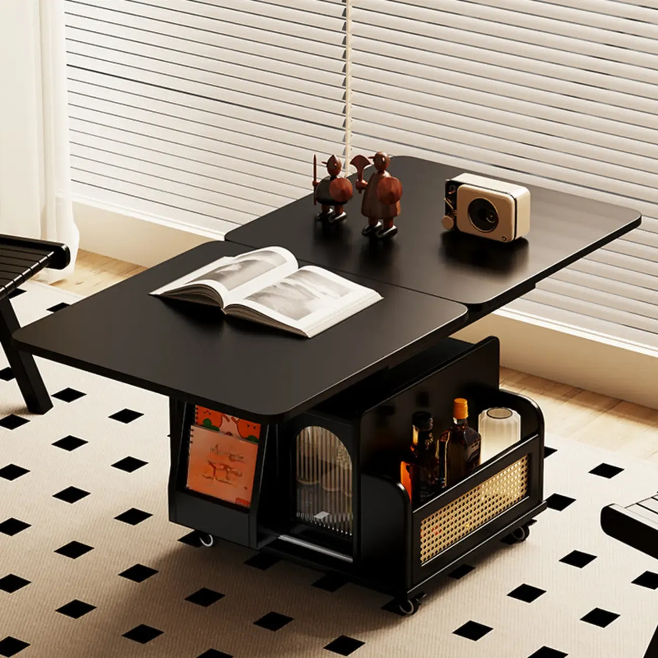 Table basse carrée extensible en bois à plateau relevable sur roulettes