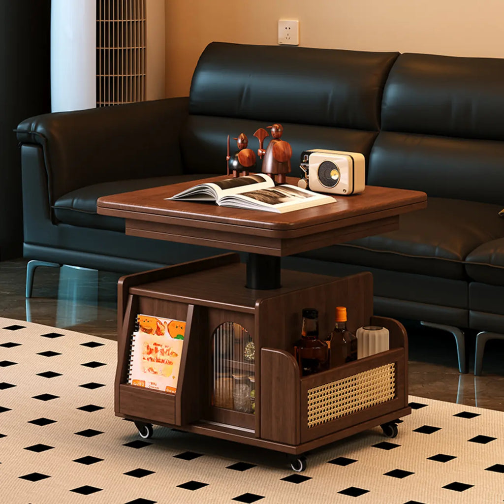 Table basse carrée extensible en bois à plateau relevable sur roulettes