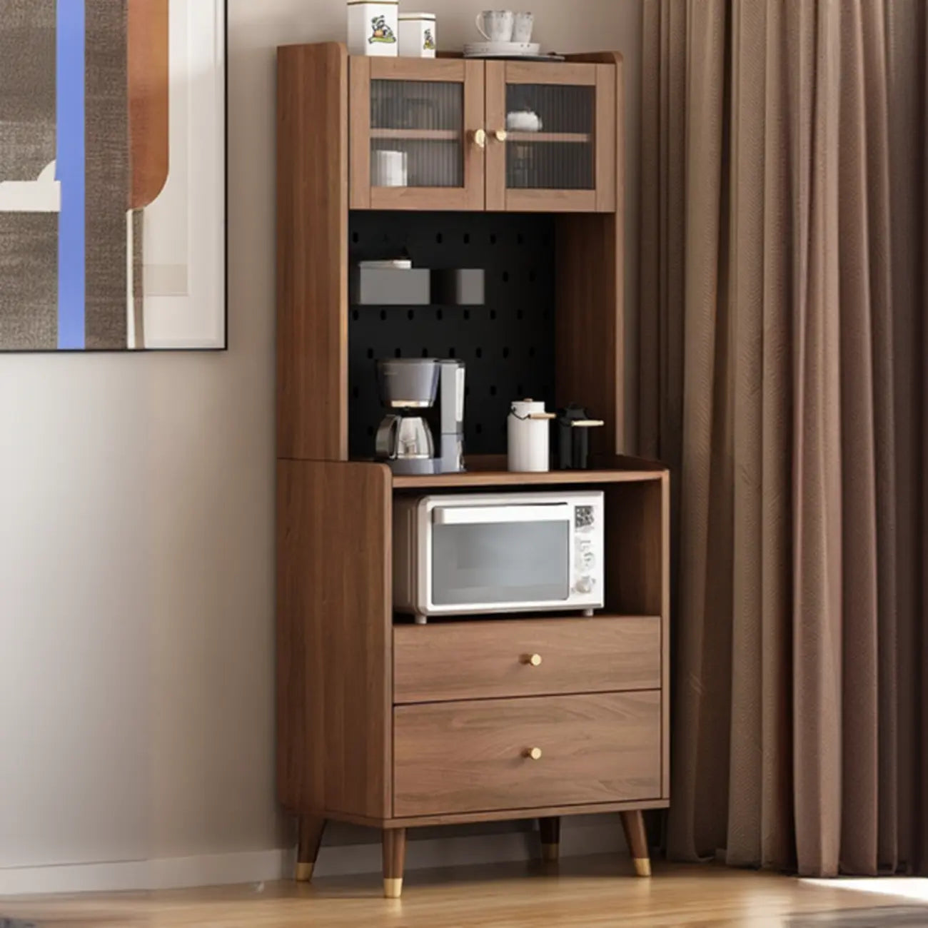 Buffet haut compact en bois brun à 2 tiroirs avec étagère