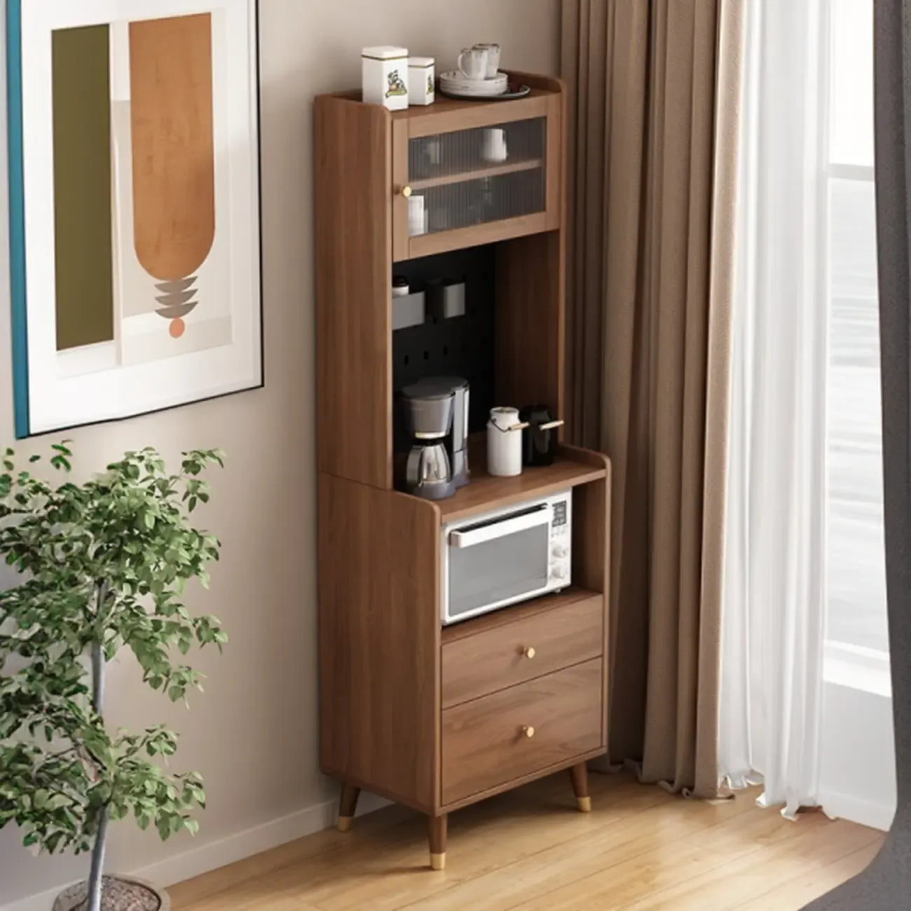 Buffet haut compact en bois brun à 2 tiroirs avec étagère