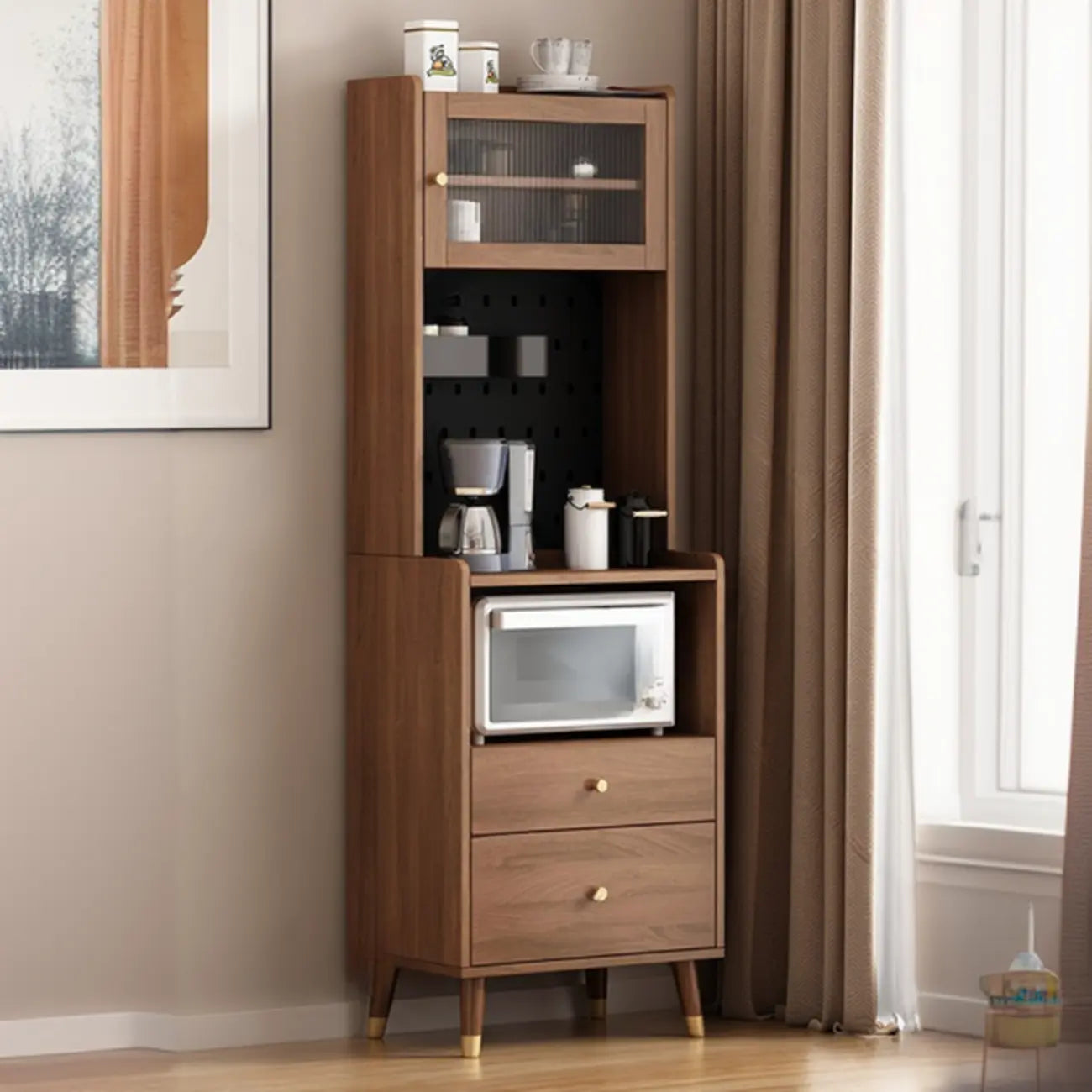 Buffet haut compact en bois brun à 2 tiroirs avec étagère