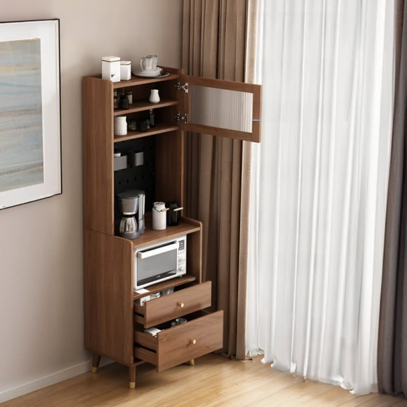 Buffet haut compact en bois brun à 2 tiroirs avec étagère