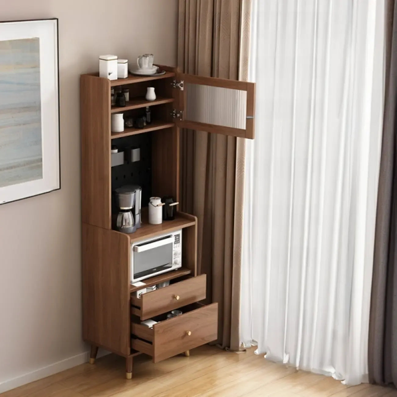 Buffet haut compact en bois brun à 2 tiroirs avec étagère