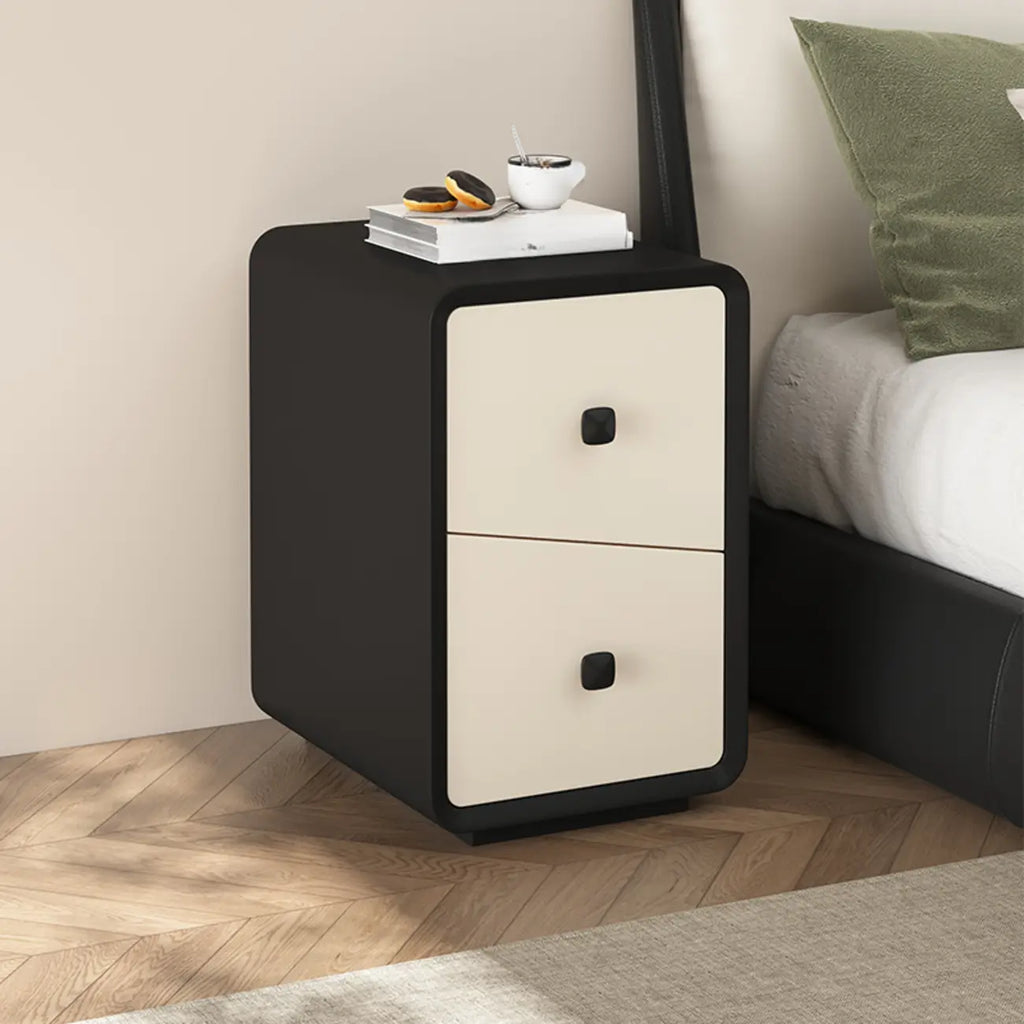 Table de chevet moderne en bois noir et blanc cassé avec rangement à 2 tiroirs