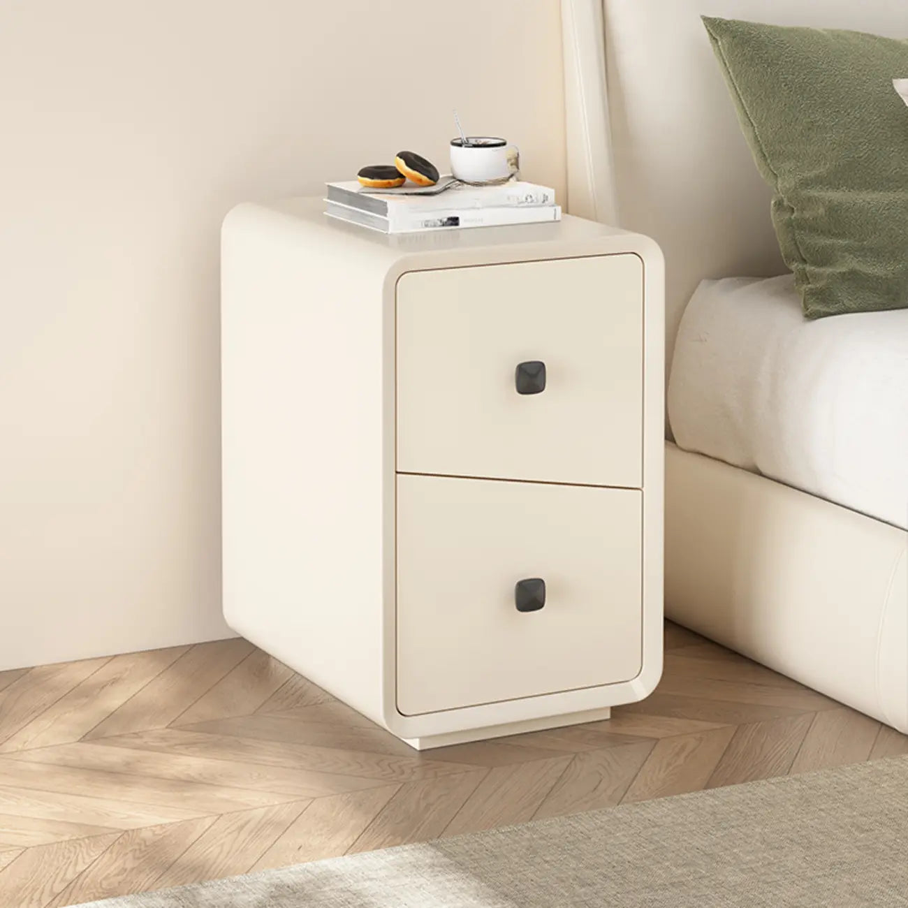 Table de chevet moderne en bois noir et blanc cassé avec rangement à 2 tiroirs