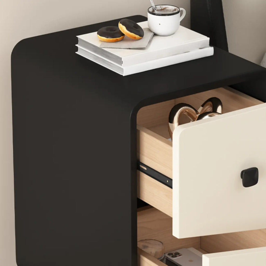 Table de chevet moderne en bois noir et blanc cassé avec rangement à 2 tiroirs