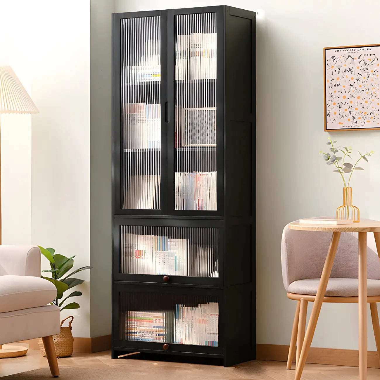 Bibliothèque verticale moderne en bambou noir avec portes en acrylique